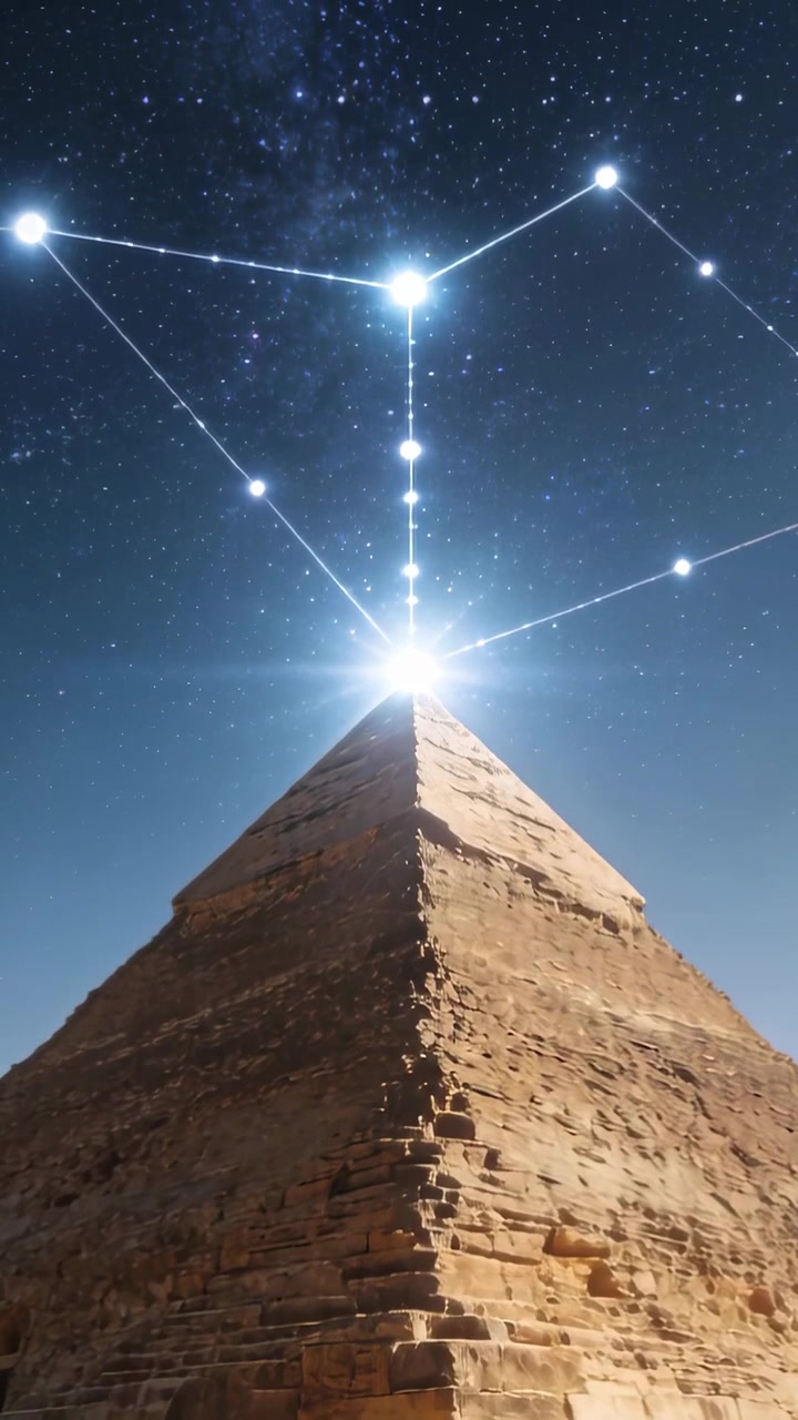 Vertikální video: Spojující se hvězdy tvoří vertikální sloupec, kamenná pyramida přijímá paprsek pod noční oblohou