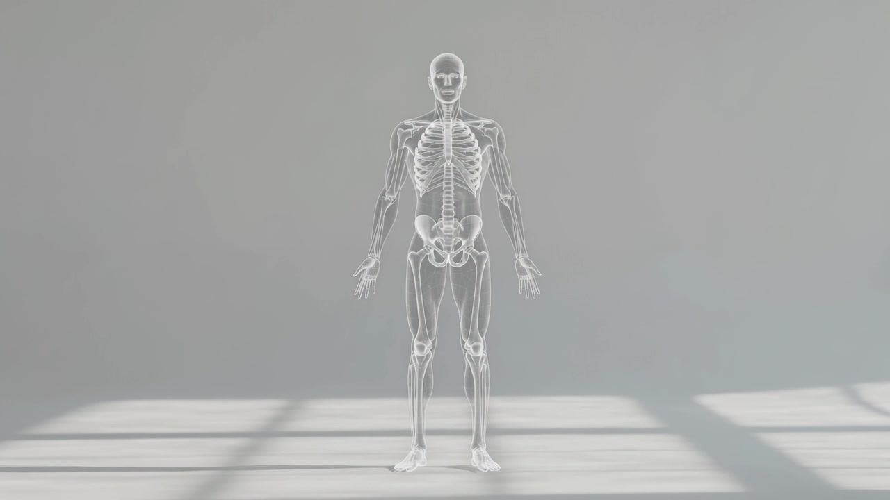 Scheletro wireframe visualizzato al centro di una stanza grigia per studio, con cornici che si ripetono e ombre di finestre.