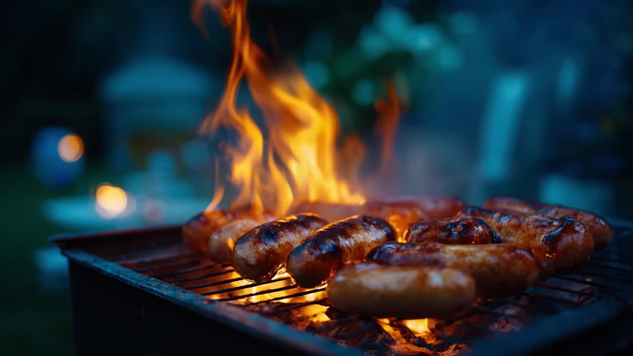 Una serata di sapori: Grigliare salsicce su un barbecue ardente, catturando l'intensità e lo sfrigolio della cucina all'aperto con amici e famiglia.