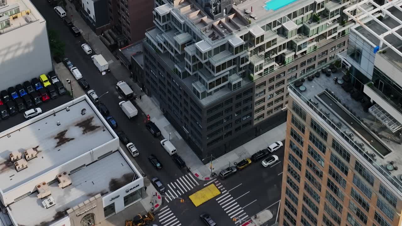 Drone view of colorful umbrellas in New York City street scene