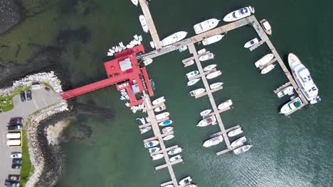 boats docked at rockland harbor in maine | aerial top down view mid-day | summer 2021
