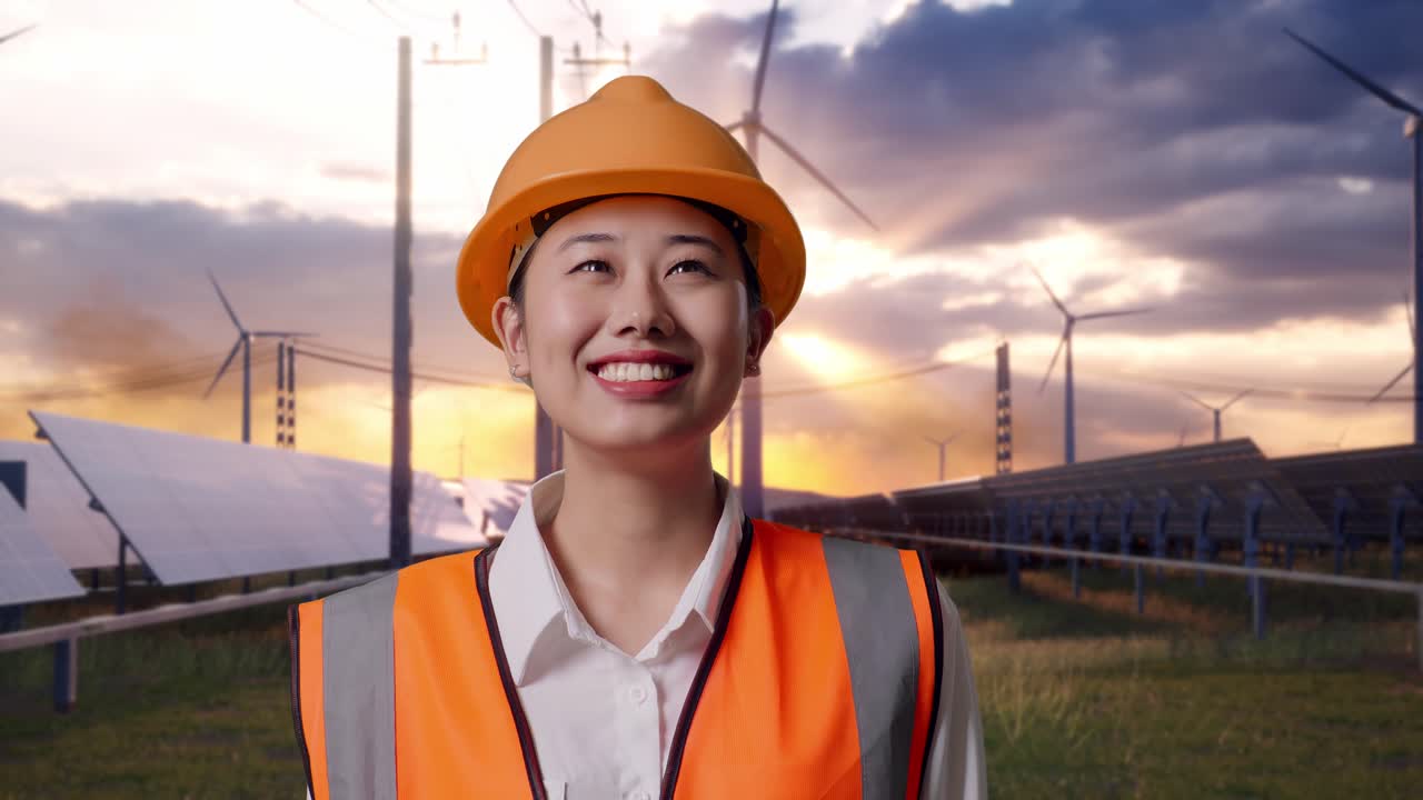 Close Up Of Asian Female Engineer With Safety Helmet Looking Around With Solar Panel and Wind Turbines