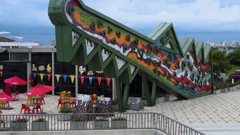 Aerial-view-of-"Caimán-del-Río"-a-coastal-restaurant-on-Barranquilla,-Colombia