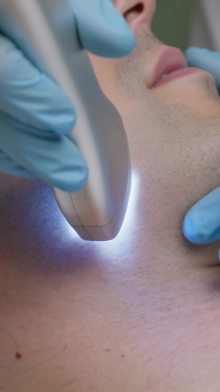 Video vertical: Colocando un dispositivo, un técnico con guantes aplica luz en la mandíbula y el cuello para un tratamiento en una clínica.