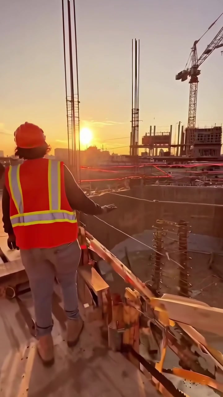 Construction Worker Walking on Scaffolding at Sunset