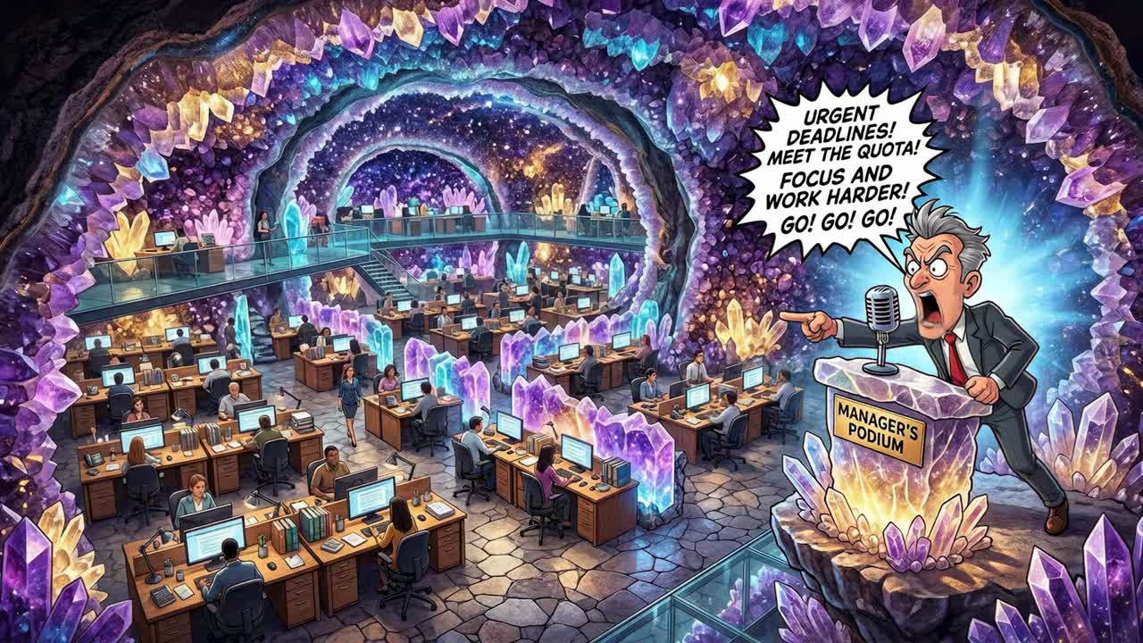 Cartoon Manager Demanding Productivity from Workers in a Crystal Office