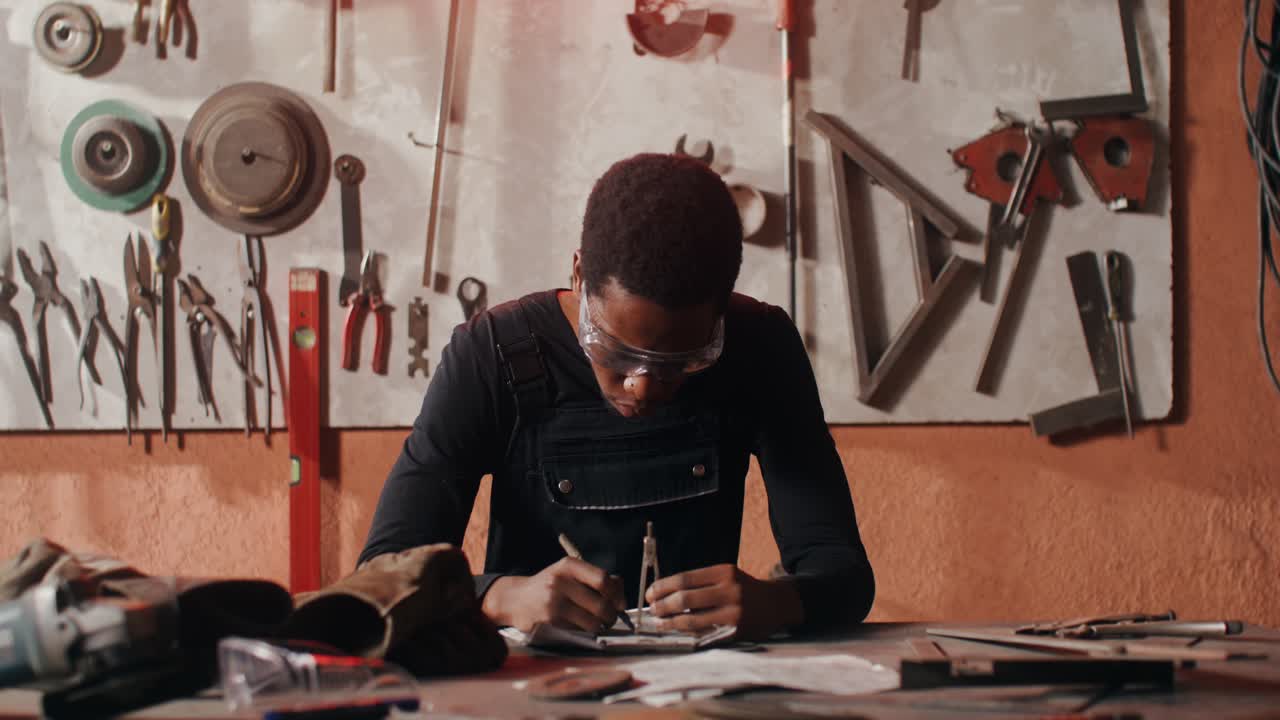 작업실 에서 청사진 을 작업 하는 사람