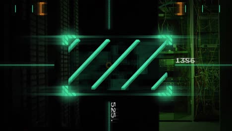 Animation of lines in viewfinder with changing numbers over illuminated server rack in server room