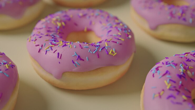 Ciambelle con glassa rosa su sfondo giallo