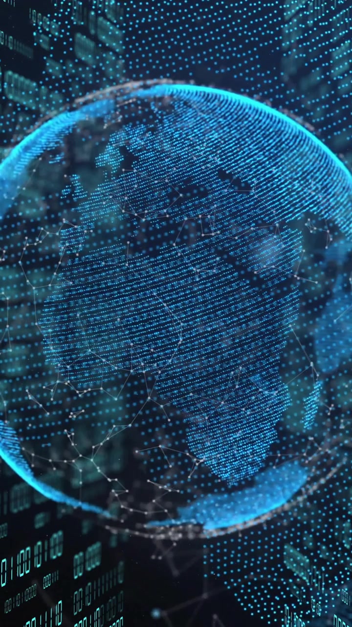Animation of globe with binary coding and data processing over dark background