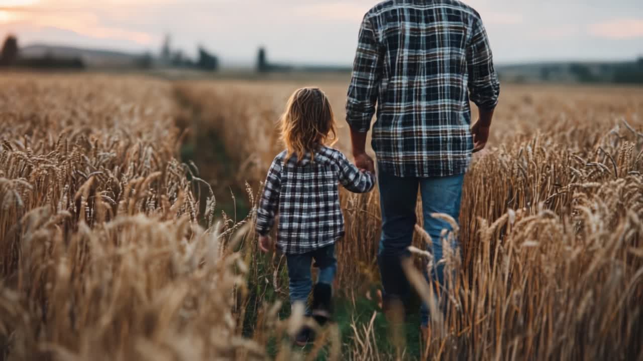 A Heartwarming Scene of Connection: A Parent and Child Walking Together in a Golden Wheat Field During Sunset, Embracing Nature's Beauty and Bonding Moments
