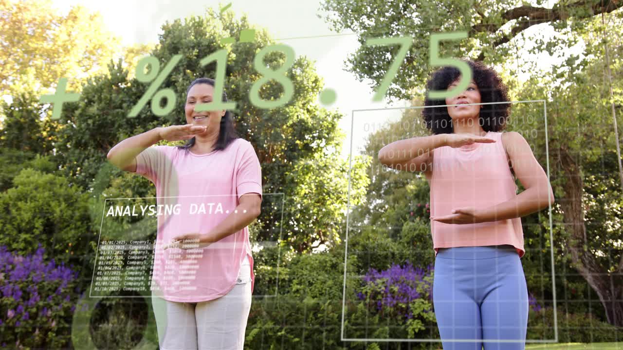 2 women raising arms starting AR data in yard doing wellness routine ANALYSING DATA panels updating