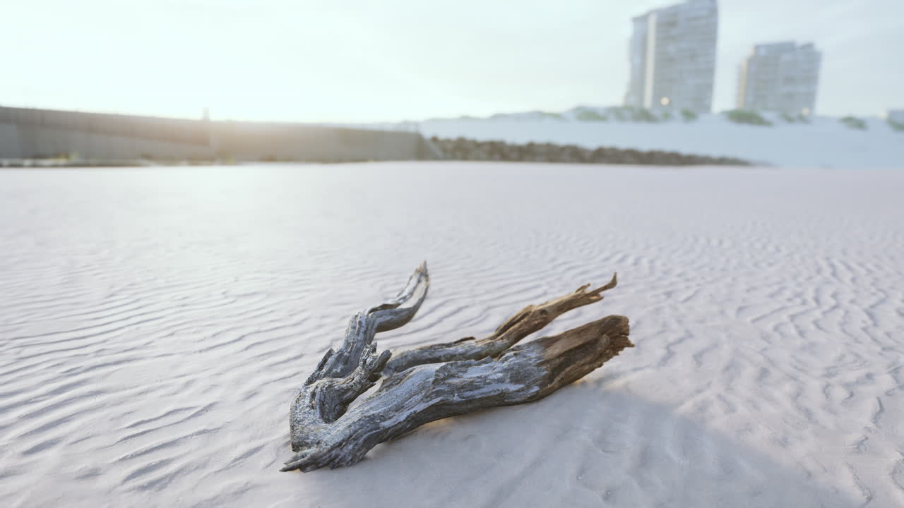 madera a la deriva en una playa al amanecer