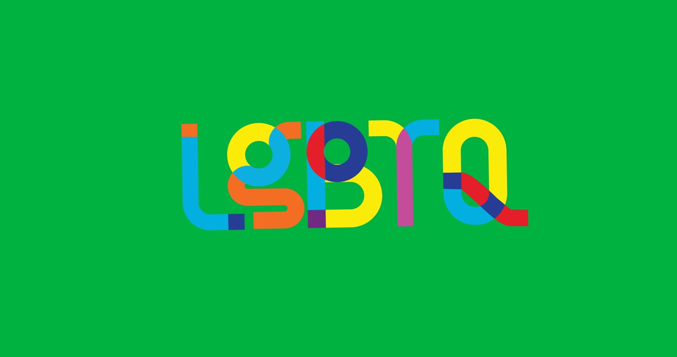 Animazione digitale di un banner di testo LGBTQ arcobaleno che fluttua su sfondo nero.