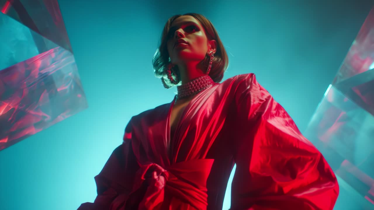 A striking fashion photo capturing a confident model draped in a luxurious red garment, showcasing bold jewelry against a mesmerizing backdrop of vibrant blue and striking geometric shapes