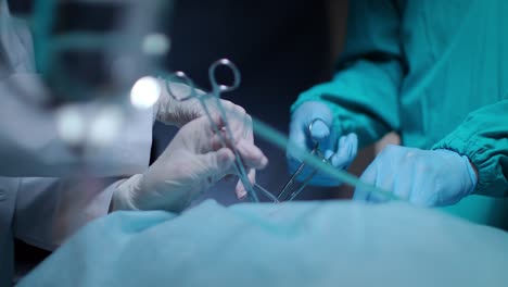 surgeon hands take off blood tampon during medical operation. health care