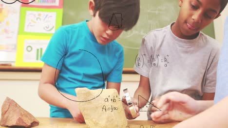 animation of math formulas over diverse pupils with magnifier at school