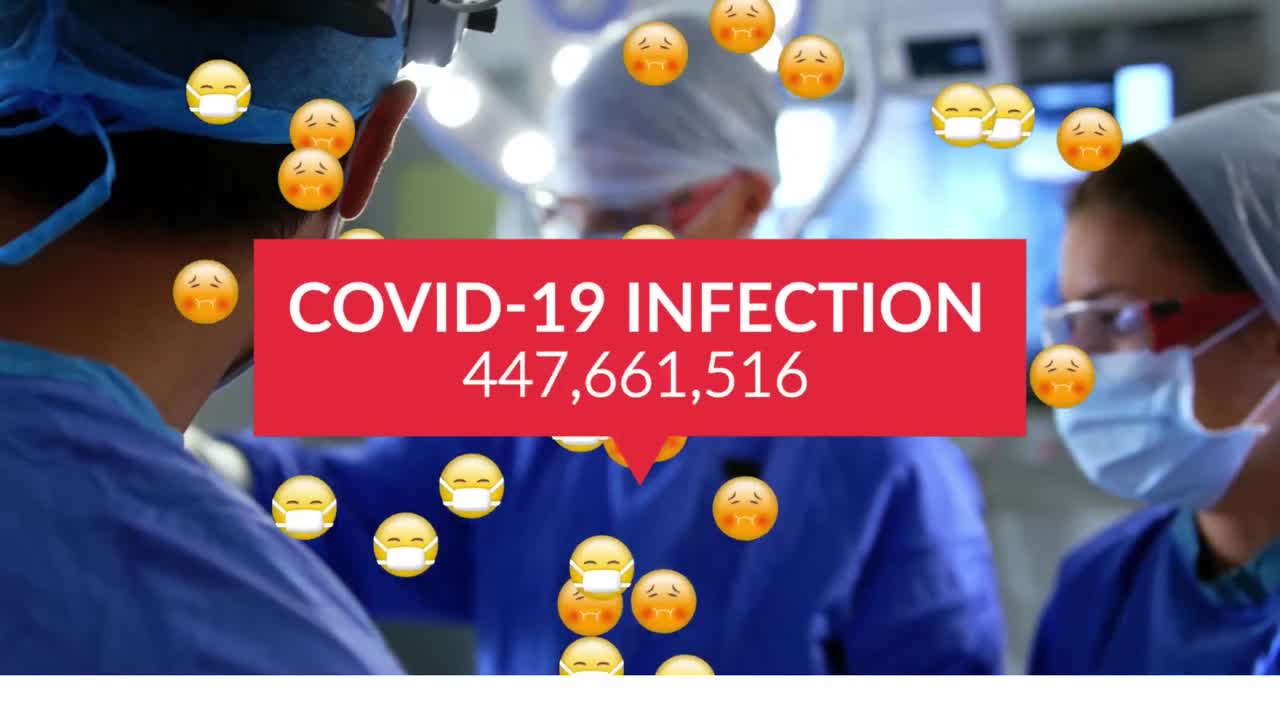 Animation of covid 19 data processing over emojis in face masks and operating surgeons