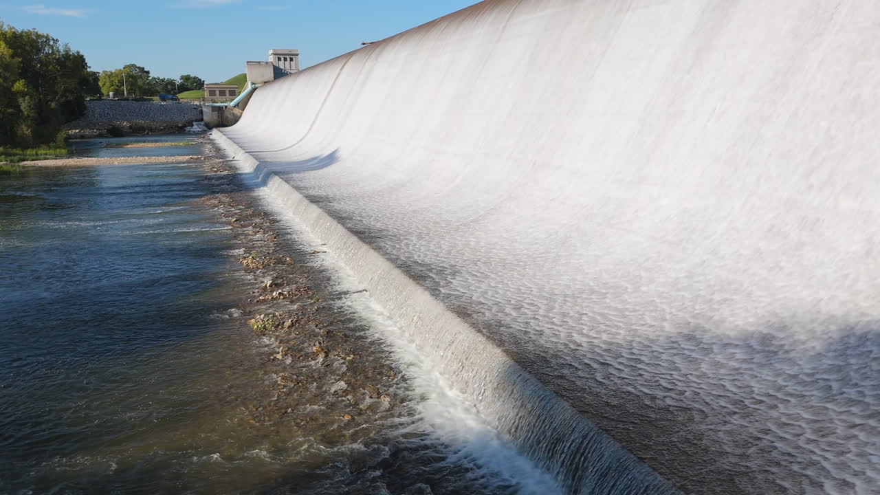 Water Flowing Through A Spillway Of A Dam - Spavinaw Spillway, Oklahoma, United States - Drone Shot