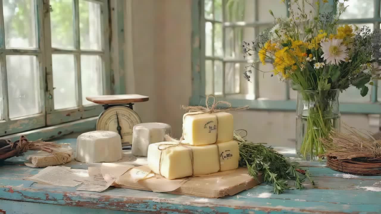 Rustic Still Life with Cheese and Flowers