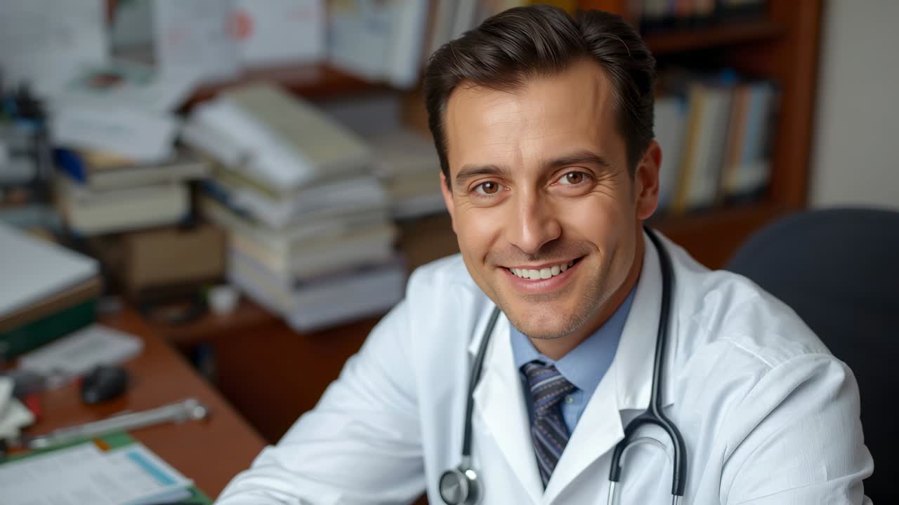 Um médico sorrindo se movimenta no consultório enquanto a câmera se afasta para revelar a mesa, o jaleco, o estetoscópio e a papelada