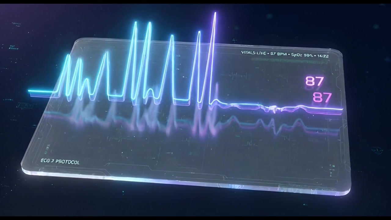 Monitor ECG digitale futuristico che visualizza la forma d'onda del battito cardiaco