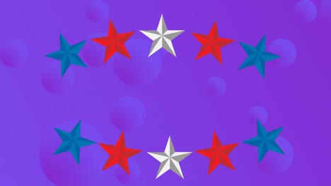 Animation-Von-Sternen-In-Den-Farben-Der-Amerikanischen-Flagge,-Die-Sich-über-Violette-Kugeln-Und-Weiße-Punkte-Bewegen