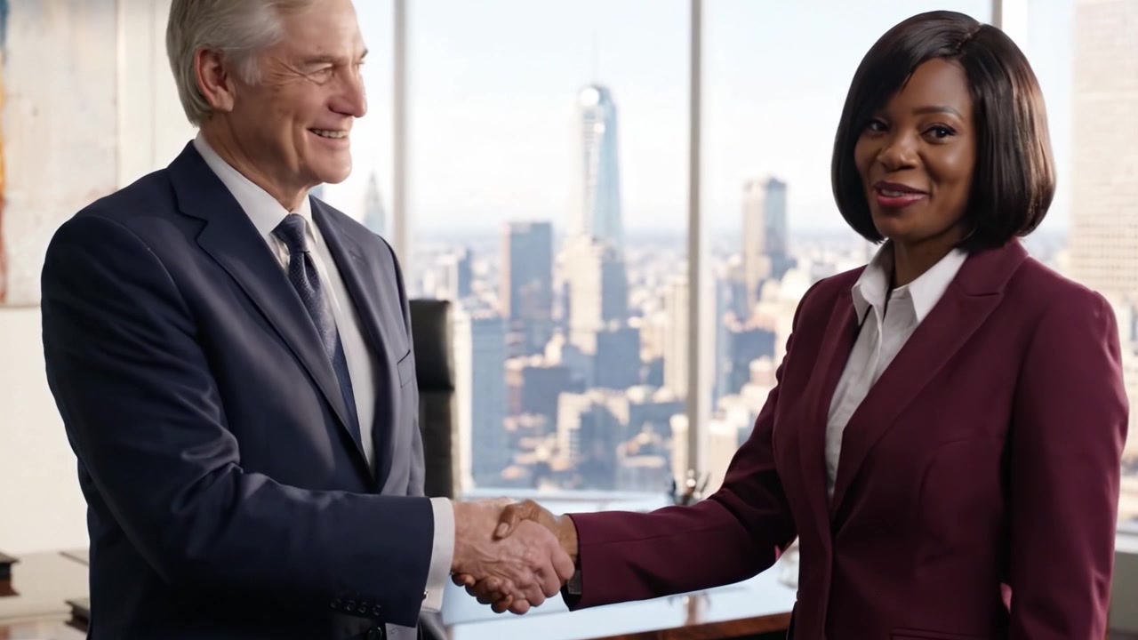 A Professional Encounter: Two Business Colleagues Engaging in a Friendly Introduction with a Majestic City Skyline in the Background