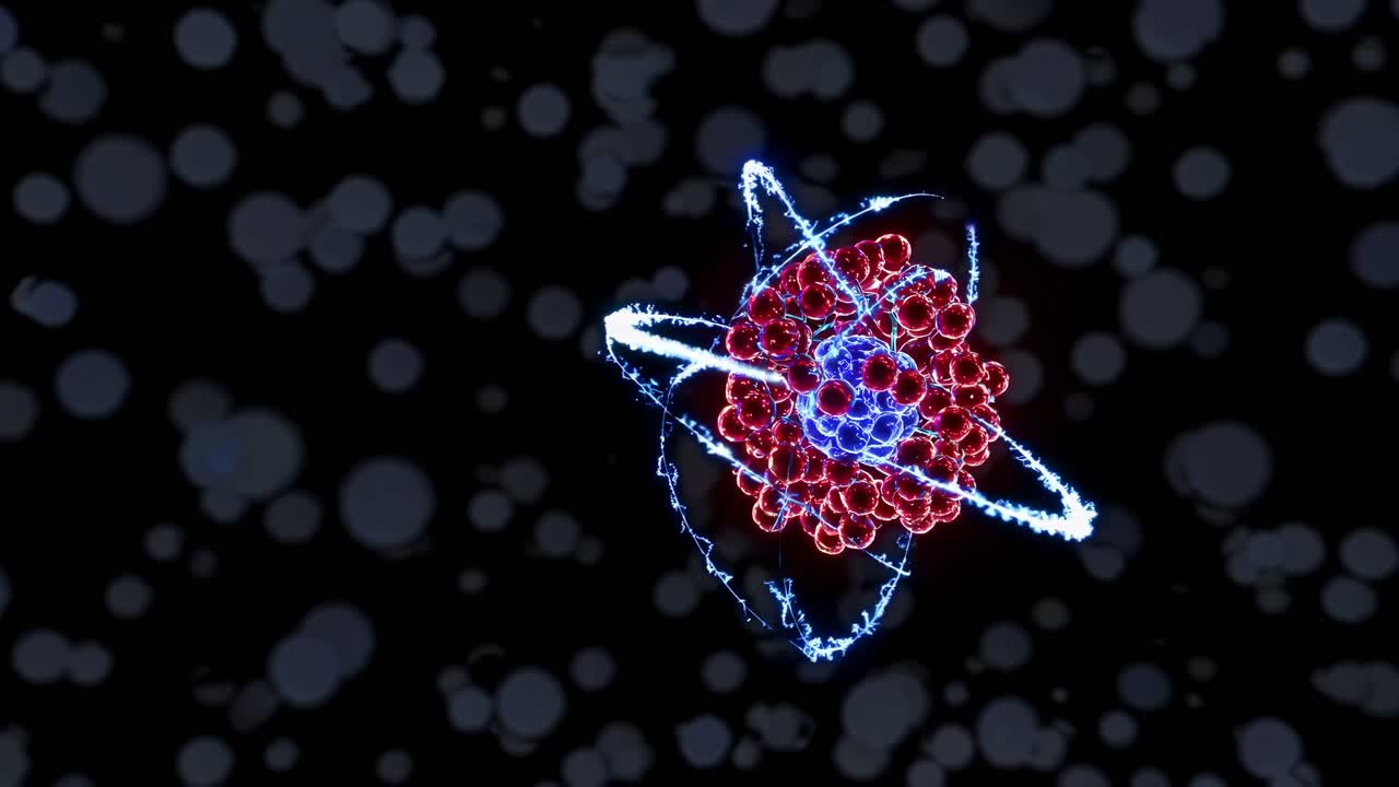 A 3D animation of an atom with orbiting electrons, viewed from a high angle