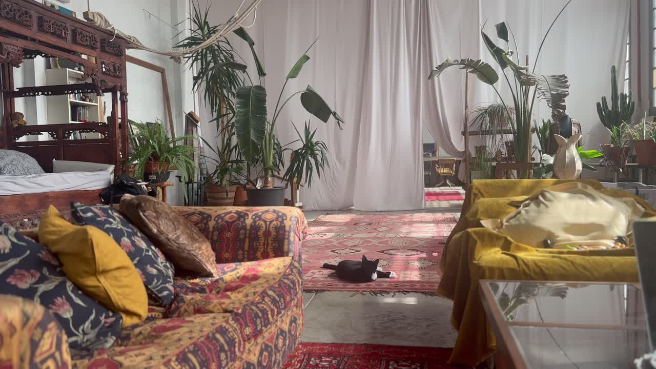 Relaxing scene of artist loft living room, unique bohemian style interior studio