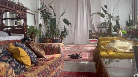 relaxing scene of artist loft living room, unique bohemian style interior studio