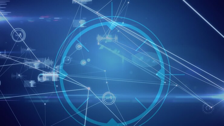Animation of circular scope with network of connections and information processing on blue