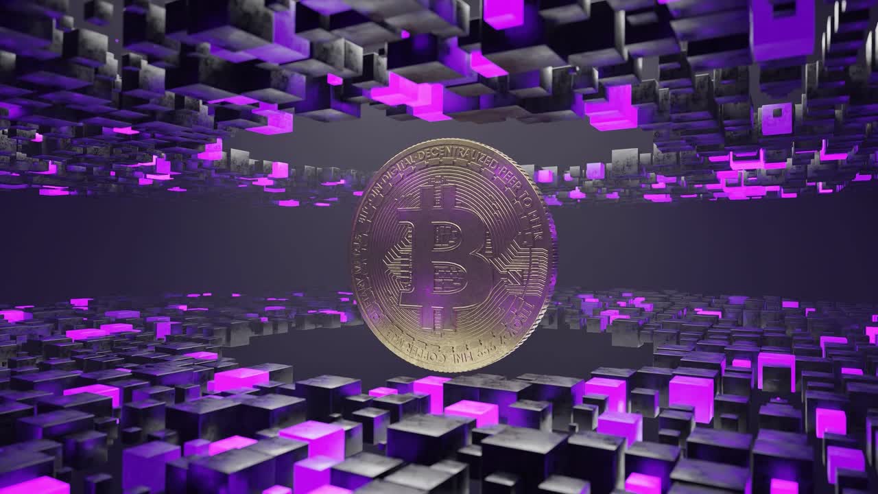 Bitcoin coin floating inside abstract tunnel of black and purple cubic blocks. 3D digital cryptocurrency symbol. Blockchain and virtual currency concept.