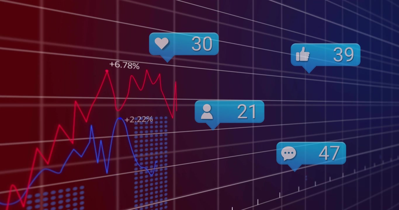 Gradient grid initiating bubbles updating counts graphs rising bars forming showing social growth