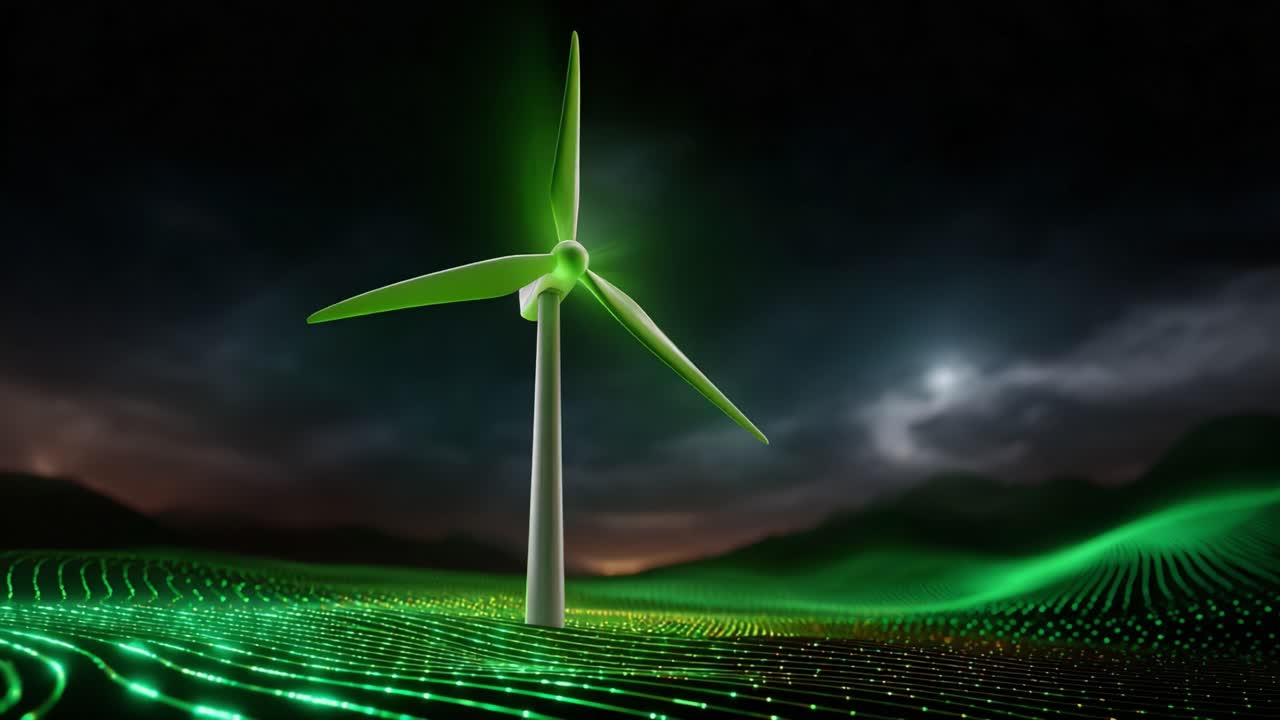 A Futuristic Wind Turbine Amidst a Dynamic Green Landscape, Showcasing Renewable Energy Technology with a Dramatic Sky and Illumination Effect Reflecting Innovation and Nature's Harmony