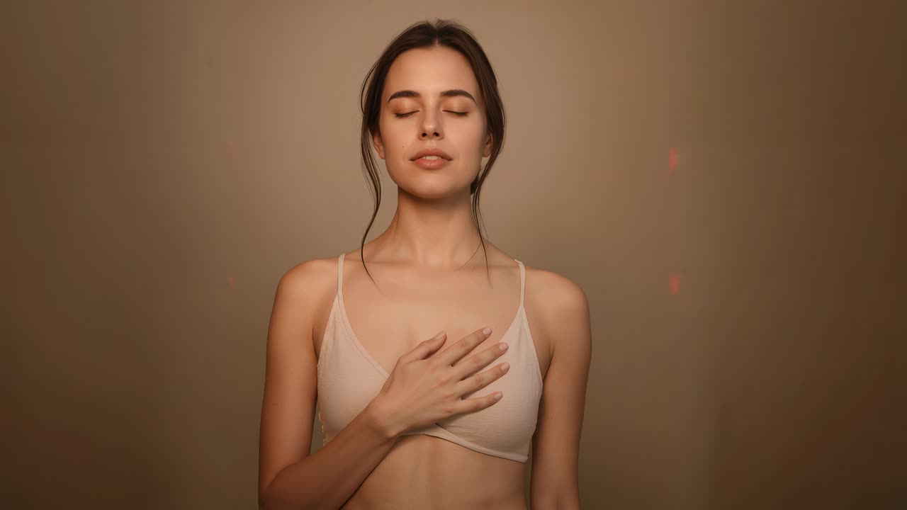 Opening eyes, woman in light bra-top smiling and holding chest against beige backdrop, red-lights