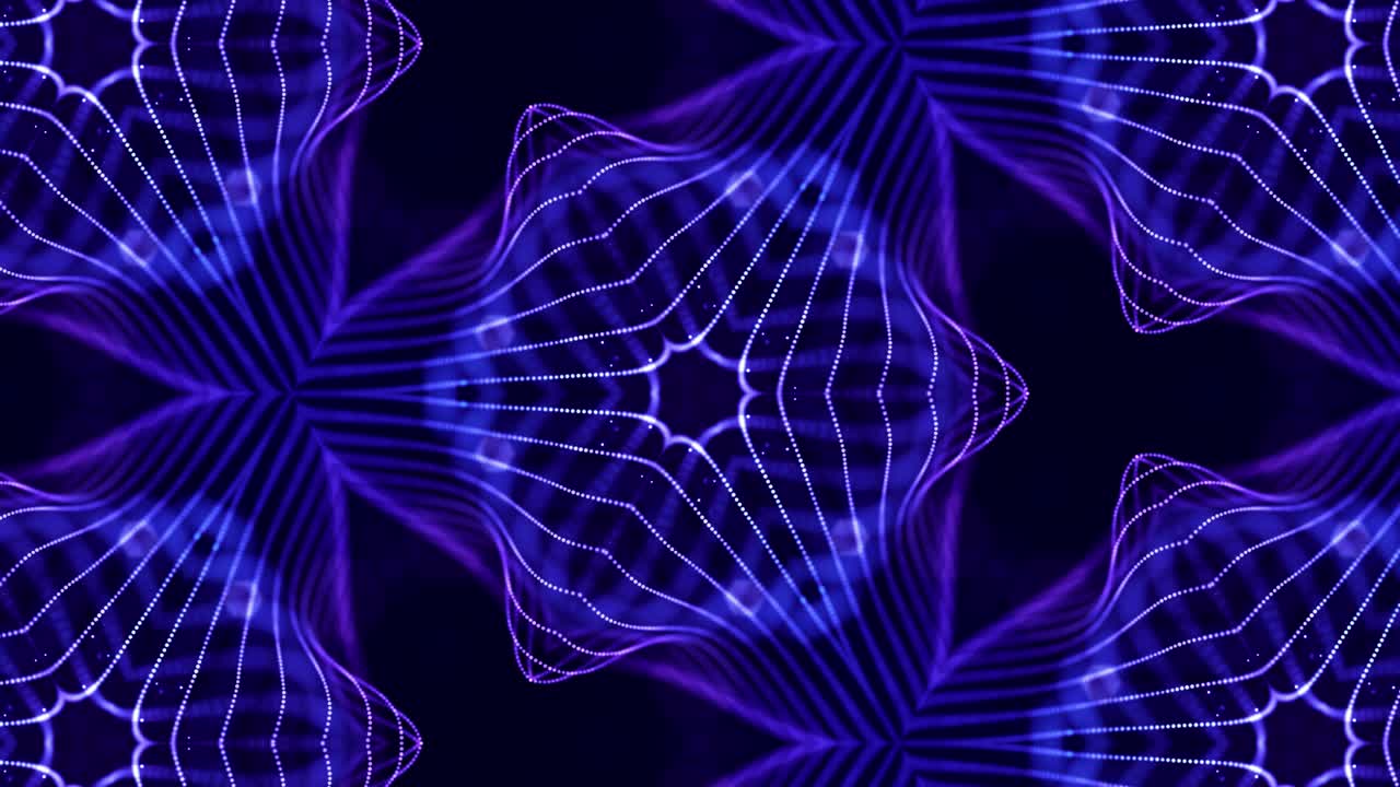 Kaleidoscopic abstract theme. 4k looped sci-fi 3d background with glow blue particles form lines, surfaces, pattern complex symmetrical structures