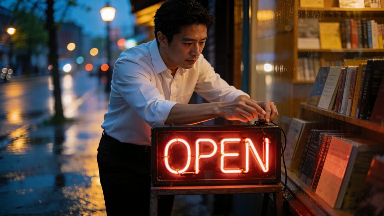 Adjusting man white shirt wiring red neon OPEN sign outside bookstore on wet sidewalk, opening shop