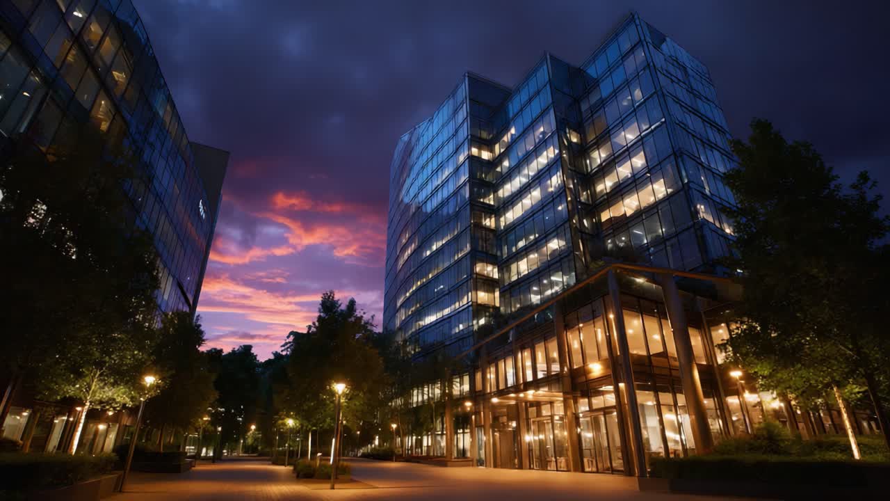 Uma transformação noturna urbana impressionante, exibindo edifícios de vidro modernos iluminados por luzes internas quentes em meio a um céu vibrante ao anoitecer