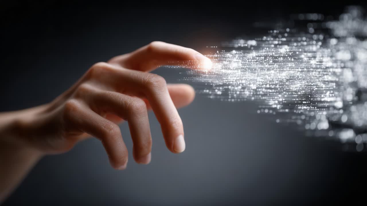 Uma Mão Estendida para Explorar o Reino Digital: Transição do Toque Físico para uma Conexão Etérea em um Mundo de Dados e Luz