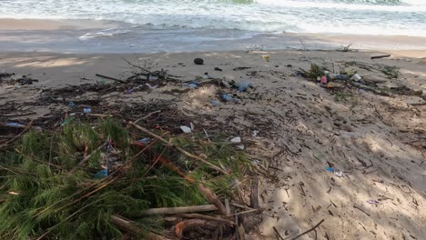 a sandy beach in ko phayam, thailand, shows exposed tree roots, scattered plastic debris, and driftwood under bright daylight with steady camera movement