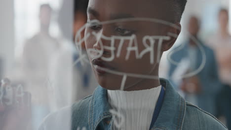 joven mujer de negocios afroamericana líder de equipo escribiendo en pizarra entrenando colegas compartiendo ideas de resolución de problemas en el seminario de presentación de la oficina