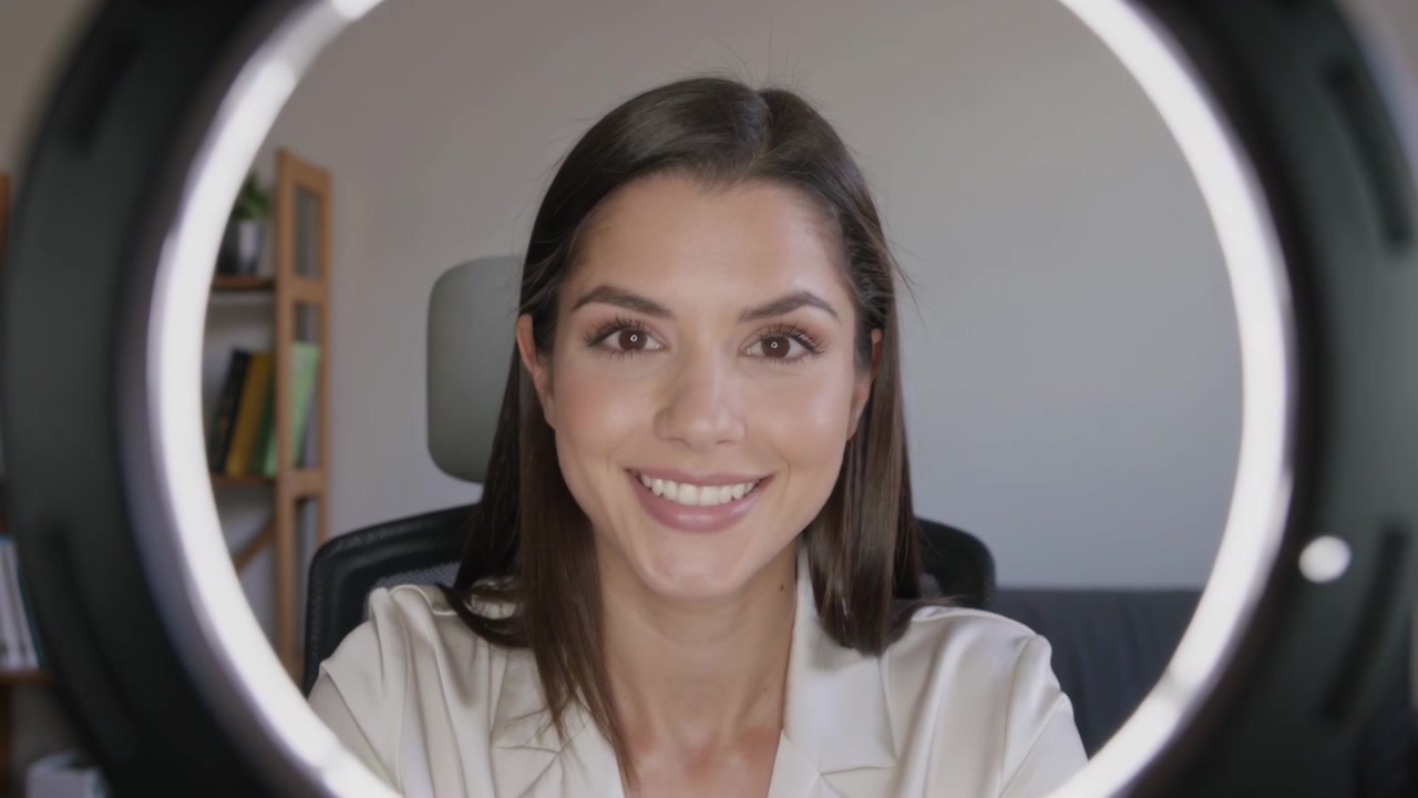 Raggiungendo la ring light, donna in camicetta che si sistema i capelli, controllando l'angolazione della telecamera per registrare a casa.