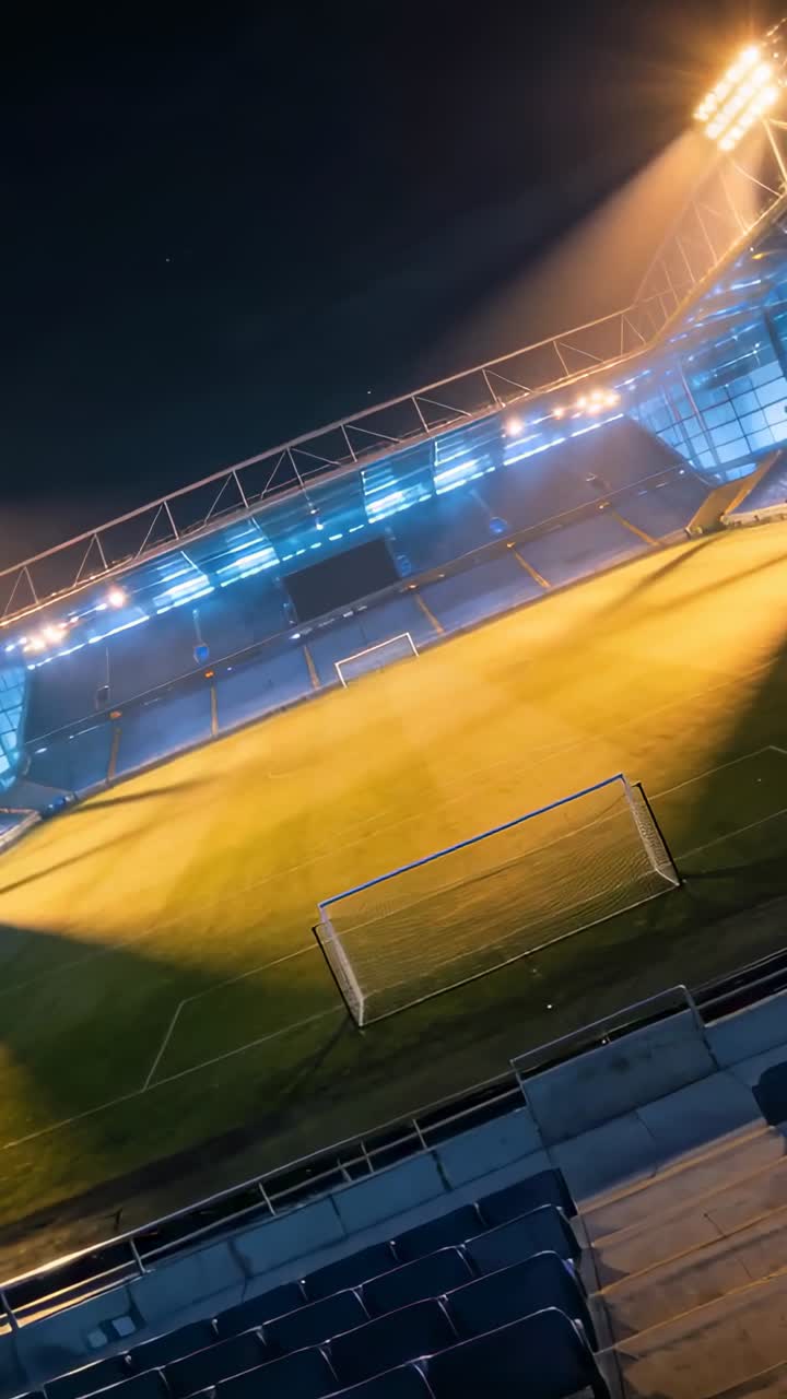 Video verticale: Telecamera che ruota e si inclina lungo il corridoio, rivelando la porta da calcio vicina e il campo illuminato a giorno