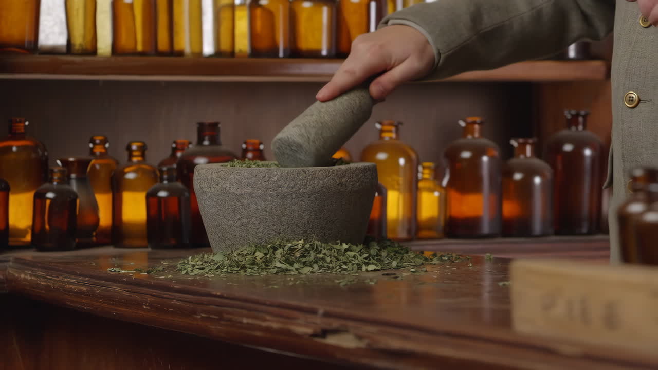 A person grinds herbs with a mortar and pestle in a historical apothecary