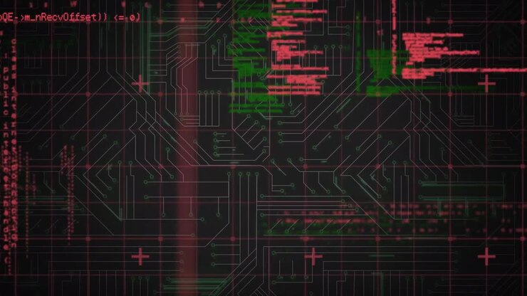 Digital animation of data processing against microprocessor connections on black background