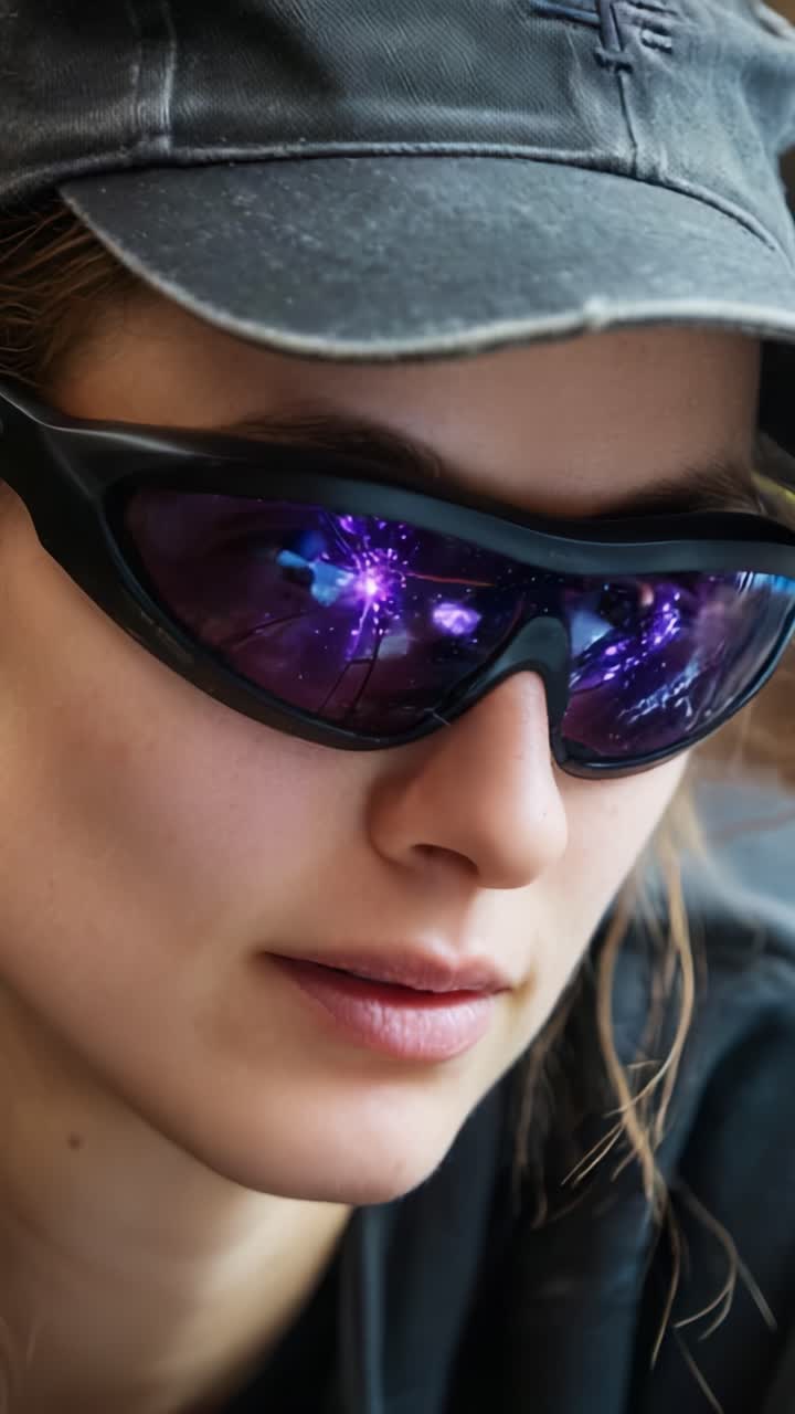 A Close-Up Exploration of a Young Woman Wearing Stylish Sunglasses With Purple Tint, Highlighting Her Thoughtful Expression and Unique Fashion Sense