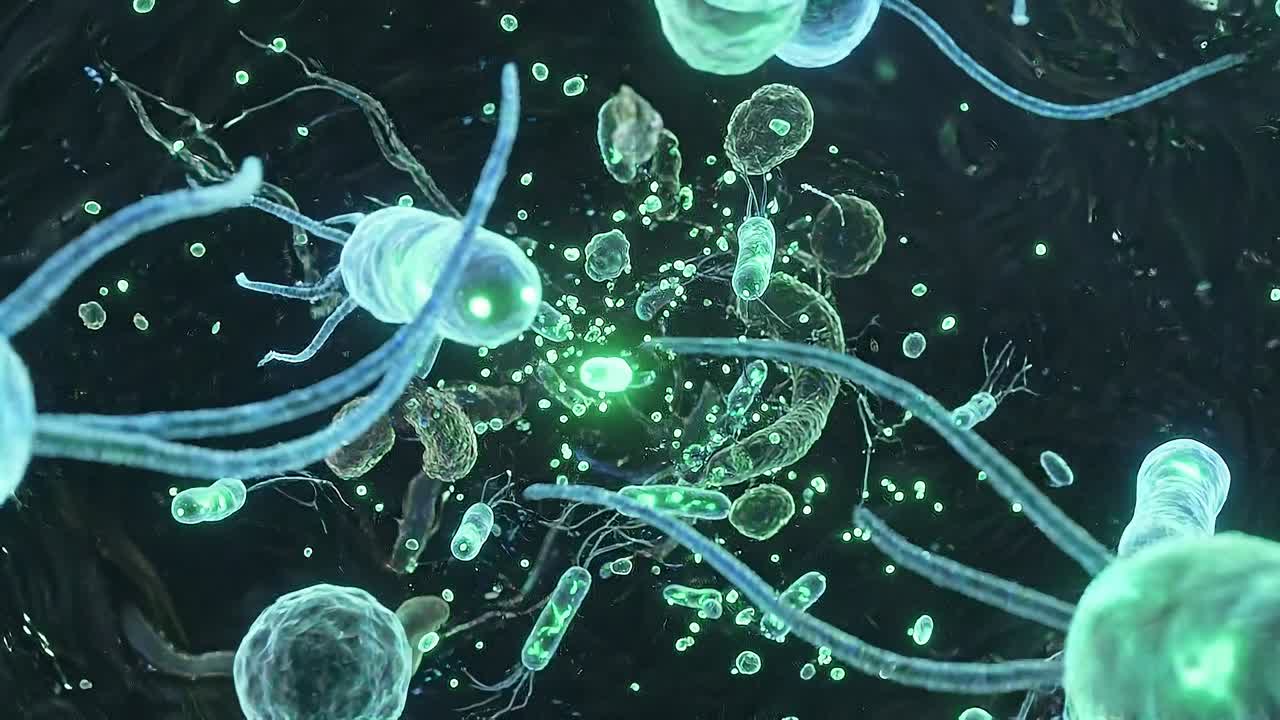 Mikroskopiske bakterieorganismer flytende i et væskemiljø som viser infeksjon og mikrobiologisk forskningskonsept