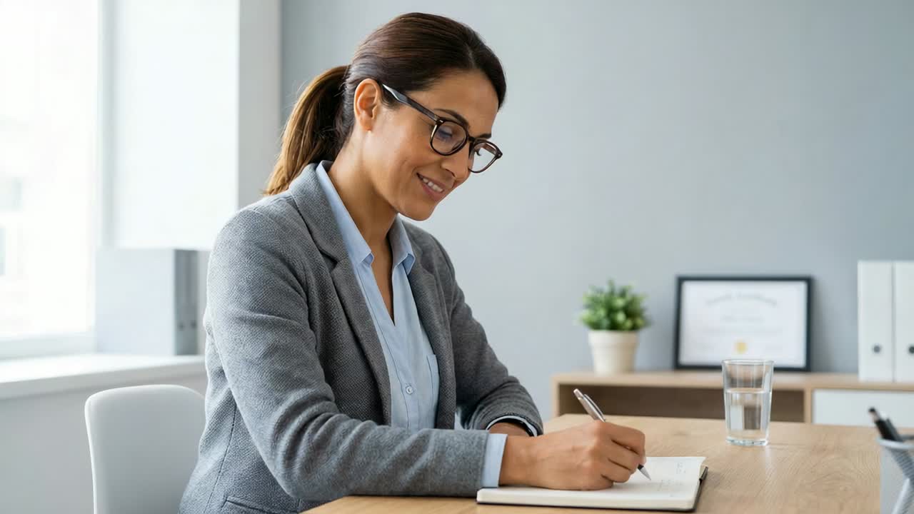 Mulher de escritório, de blazer cinza, pronta para começar a escrever em uma mesa, anotando a programação em um caderno