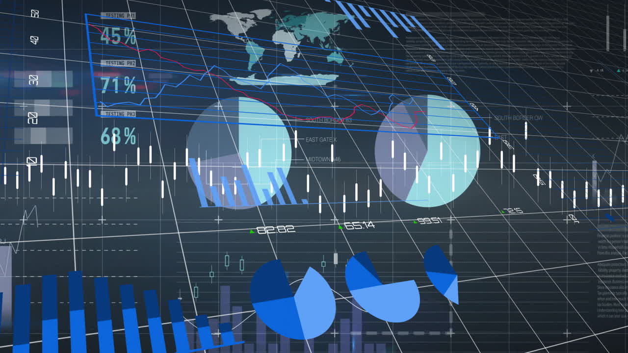Financial data charts and graphs animation over world map and stock market trends